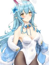 Rule 34 | 1girl, :o, animal ears, athenawyrm, bare shoulders, black pantyhose, blue bow, blue bowtie, blue flower, blue hair, blue jacket, blush, bow, bowtie, braid, breasts, cleavage, collar, collarbone, covered navel, detached collar, fake animal ears, flower, fur trim, hair between eyes, hair flower, hair ornament, hairband, half updo, highres, hololive, jacket, leotard, light blue hair, long hair, medium breasts, multicolored hair, open clothes, open jacket, open mouth, pantyhose, playboy bunny, pointy ears, rabbit ears, sidelocks, simple background, sleeveless, snowflake print, solo, streaked hair, virtual youtuber, white background, white collar, white leotard, yellow eyes, yukihana lamy