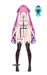 Rule 34 | 1girl, arm strap, arms at sides, black footwear, blue eyes, boots, breasts, colored inner hair, creature, detached collar, hair between eyes, hair ribbon, hat, highleg, highleg leotard, highres, hoshina rulia, indie virtual youtuber, large breasts, leotard, long hair, looking at viewer, multicolored hair, munuu, necktie, open mouth, pink hair, red necktie, ribbon, simple background, solo, standing, streaked hair, thigh boots, thigh strap, thighhighs, twintails, virtual youtuber, white background, white leotard, wrist cuffs