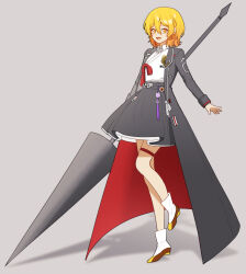 Rule 34 | 1girl, adapted costume, badge, blonde hair, dokgo die docta (d o t), don quixote (project moon), full body, grey background, grey skirt, hanbok, highres, holding, holding polearm, holding weapon, korean clothes, lance, limbus company, long sleeves, medium hair, open mouth, polearm, project moon, red ribbon, ribbon, shirt, simple background, skirt, smile, solo, sticker, thigh strap, weapon, white shirt, yellow eyes