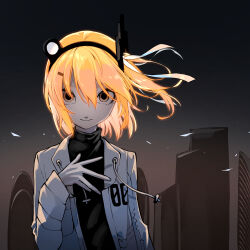 Rule 34 | 1girl, a.i. voice, adachi rei, black background, black shirt, building, closed mouth, floating hair, gloves, gradient background, hair ribbon, hand on own chest, hand up, headlamp, highres, jacket, light particles, long sleeves, looking at viewer, medium hair, one side up, open clothes, open jacket, orange eyes, radio antenna, ribbon, sanpaku, shirt, smile, solo, straight-on, turtleneck, upper body, utau, white gloves, white jacket, white ribbon, zumomomomomomomomo