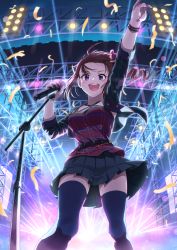 Rule 34 | 1girl, ahoge, backlighting, belt, bloom, blush, breasts, brown hair, chain, concert, confetti, contrapposto, criss-cross halter, diffraction spikes, from below, hair lift, halterneck, highres, idolmaster, idolmaster million live!, idolmaster million live! theater days, jacket, kamille (vcx68), medium breasts, microphone, microphone stand, night, night sky, open mouth, plaid, plaid shirt, pleated skirt, pointing, purple eyes, shirt, skirt, sky, smile, stage lights, thighhighs, upskirt, wind, wind lift, wristband, yokoyama nao, zettai ryouiki