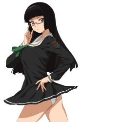 Rule 34 | 1girl, a1 (initial-g), black hair, breasts, chiaki kurihara, clothes lift, dress, female focus, glasses, highres, large breasts, long hair, looking at viewer, miniskirt pirates, panties, sailor dress, school uniform, short dress, simple background, skirt, skirt lift, solo, standing, underwear, uniform, white background