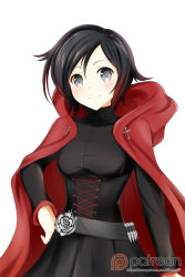 Rule 34 | 1girl, arm at side, black hair, blush, breasts, cape, corset, cowboy shot, cross, gothic lolita, hair between eyes, hand on own hip, highres, hood, kimmy77, lolita fashion, medium breasts, multicolored hair, patreon logo, red cape, red hair, red hood, ruby rose, rwby, short hair, grey eyes, smile, solo, watermark, web address, white background