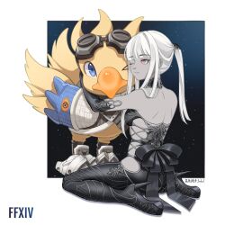 Rule 34 | 1girl, alpha (ff14), bare shoulders, black footwear, black gloves, boots, chocobo, colored skin, copyright name, elbow gloves, final fantasy, final fantasy xiv, gloves, grey skin, high heel boots, high heels, highres, hug, long hair, omega-f, omega (final fantasy), one eye closed, pink eyes, ponytail, sidelocks, smile, solo, thigh boots, white hair, zhengqi zhizi sg