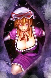 Rule 34 | 1girl, bad id, bad pixiv id, bow, breasts, brown hair, choker, cleavage, collarbone, colored eyelashes, commentary request, corset, dress, elbow gloves, evil smile, frilled dress, frills, gap (touhou), gloves, hair bow, hat, hat ribbon, highres, huge breasts, knee up, knees, kupaa, long hair, marubororaito, mob cap, paint splatter, parted lips, purple dress, purple eyes, red pupils, ribbon, ribbon choker, short sleeves, smile, solo, tongue, touhou, white gloves, yakumo yukari