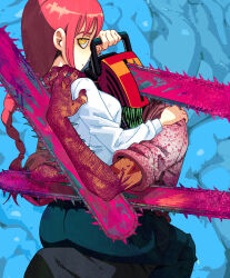 Rule 34 | 1boy, 1girl, absurdres, aisendraw, black pants, blood, blood on clothes, bloody weapon, braid, braided ponytail, chainsaw, chainsaw man, collared shirt, denji (chainsaw man), hand on another&#039;s shoulder, highres, hug, looking at viewer, looking back, makima (chainsaw man), medium hair, pants, pink blood, red hair, ringed eyes, sharp teeth, shirt, shirt tucked in, sidelocks, sleeves rolled up, smile, straddling, teeth, weapon, white shirt, yellow eyes
