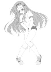 Rule 34 | 1girl, between legs, blush, breasts, buruma, embarrassed, female focus, full body, glasses, greyscale, gym uniform, hair ornament, half-closed eyes, hand between legs, have to pee, headband, highres, kishima tower, kneehighs, knees together feet apart, long hair, medium breasts, monochrome, original, own hands together, peeing, peeing self, pigeon-toed, revision, shirt, shoes, short sleeves, simple background, socks, solo, standing, sweat, tears, v arms, white background, x hair ornament