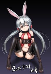 Rule 34 | 10s, 1girl, animal ears, blade &amp; soul, boots, breasts, rabbit ears, center opening, grey hair, long hair, lyn (blade &amp; soul), mhg (hellma), naughty face, navel, panties, red eyes, sitting, small breasts, smile, solo, spread legs, tail, thigh boots, thighhighs, twintails, underwear