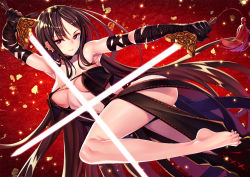 Rule 34 | 1girl, bare legs, bare shoulders, barefoot, black dress, black gloves, blush, breasts, brown hair, center opening, choker, closed mouth, commentary request, dress, dual wielding, earrings, fate/grand order, fate (series), feet, gloves, hip focus, holding, jewelry, legs, long hair, looking at viewer, matsuryuu, medium breasts, parted lips, red background, red eyes, revealing clothes, solo, strapless, strapless dress, sword, tassel, thighs, toes, very long hair, weapon, yu mei-ren (fate)