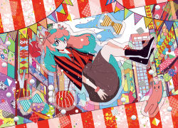 Rule 34 | 1girl, aqua bow, aqua hair, bag, black footwear, bow, bracelet, brown bow, brown skirt, building, colorful, day, earrings, heart, jewelry, long hair, looking at viewer, magatan, multicolored hair, no nose, original, outdoors, pink hair, profile, red bag, scissors, skirt, solo, striped, striped bow, two-tone hair
