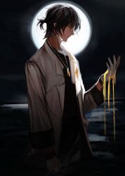 Rule 34 | 1boy, absurdres, arknights, backlighting, black hair, black shirt, coat, commentary, dark-skinned male, dark skin, from side, frown, full moon, gloves, hand up, highres, jewelry, lab coat, male focus, moon, morph (forest greenn), necklace, night, night sky, ocean, orange eyes, outdoors, profile, shirt, short ponytail, sky, solo, thorns (arknights), upper body, wading, white coat, white gloves