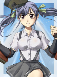 Rule 34 | 10s, 1girl, abriel00, blue hair, brown eyes, hair ribbon, hat, kantai collection, long hair, aged up, ooshio (kancolle), parted lips, personification, ribbon, school uniform, solo, suspenders, twintails