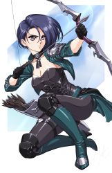 Rule 34 | 1girl, armor, arrow (projectile), black choker, black gloves, black pants, black shirt, blue footwear, blue hair, blue jacket, boots, bow (weapon), breasts, choker, cleavage, commentary, fire emblem, fire emblem: three houses, gloves, hair between eyes, high heel boots, high heels, highres, holding, holding bow (weapon), holding weapon, jacket, large breasts, leggings, medium breasts, nintendo, open clothes, open jacket, pants, purple eyes, quiver, shamir nevrand, shirt, short hair, short sleeves, shoulder armor, sirknightbot, solo, strapless, strapless shirt, weapon