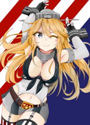 Rule 34 | 10s, 1girl, blonde hair, blue eyes, breasts, cleavage, clothes writing, fingerless gloves, garter straps, gloves, hair between eyes, iowa (kancolle), kantai collection, large breasts, long hair, miniskirt, one eye closed, skirt, smile, solo, star-shaped pupils, star (symbol), symbol-shaped pupils, thighhighs, united states, yuunagi (sanji06)