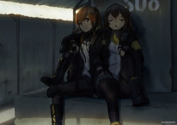 Rule 34 | 2girls, absurdres, against wall, armband, artist name, black pantyhose, boots, brown eyes, brown hair, closed eyes, fingerless gloves, girls&#039; frontline, gloves, hair between eyes, hand on own knee, highres, leaning on person, leg up, looking at another, looking to the side, multiple girls, open mouth, pantyhose, sanderson, scar, scar across eye, scar on face, shade, shirt, siblings, sisters, sitting, sleeping, smile, twins, ump45 (girls&#039; frontline), ump9 (girls&#039; frontline), white shirt