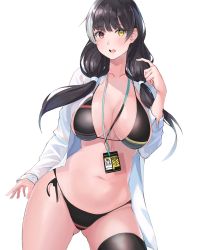Rule 34 | 1girl, bikini, black hair, black thighhighs, blouse, breasts, girls&#039; frontline, gluteal fold, heterochromia, highres, id card, large breasts, long hair, multicolored hair, navel, open clothes, open shirt, red eyes, ro635 (girls&#039; frontline), shirt, sin-gen, solo, streaked hair, swimsuit, thighhighs, very long hair, yellow eyes
