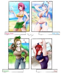Rule 34 | 4girls, alternate costume, arato hisako, arms behind head, arms up, bare shoulders, bikini, blush, breasts, breasts squeezed together, brown hair, casual clothes, character name, cup, drinking glass, erza scarlet, evergreen (fairy tail), fairy tail, flatpancakesjim, flatpankakesjim, glasses, gym, hair over one eye, highres, holding, holding drinking glass, huge breasts, large breasts, leg up, long hair, long sleeves, multiple girls, nakiri alice, one eye closed, pants, phone, ponytail, purple hair, red hair, shirt, shokugeki no souma, short hair, simple background, skirt, sports bra, sportswear, string bikini, sweat, swimsuit, thick thighs, thighs, tight clothes, tight pants, tight shirt, white hair, wink, workout clothes