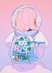 Rule 34 | 1girl, artist name, backpack, bag, crescent moon, dress, facing away, flower, from behind, gradient background, juliet sleeves, leaf, long sleeves, meyoco, moon, original, partially immersed, pink background, plant, puffy sleeves, purple background, solo, transparent, upper body, white dress, white flower