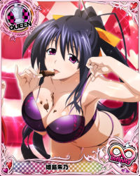 Rule 34 | 1girl, black hair, bra, breasts, card (medium), character name, chess piece, chocolate, cleavage, hair ribbon, high school dxd, high school dxd infinity, himejima akeno, large breasts, leaning forward, licking, long hair, looking at viewer, navel, official art, open mouth, panties, ponytail, purple bra, purple eyes, purple panties, queen (chess), ribbon, solo, tongue, tongue out, trading card, underwear, underwear only, very long hair