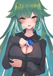 Rule 34 | 1girl, absurdres, arm under breasts, black shirt, blue hair, breast hold, breasts, cleavage, collared shirt, colored inner hair, cross-shaped pupils, dress shirt, green hair, hair flaps, headgear, highres, hlsn dglaq3g, kitakoji hisui, kitakoji hisui (1st costume), large breasts, long hair, long sleeves, looking at viewer, multicolored hair, nijisanji, official alternate hairstyle, open clothes, open mouth, open shirt, paizuri invitation, sharp teeth, shirt, simple background, solo, spread cleavage, symbol-shaped pupils, teeth, very long hair, virtual youtuber, white background, wing collar, yellow eyes