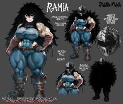 Rule 34 | 1girl, abs, armor, bandages, belt, black hair, boots, breasts, cape, gloves, gold, hair over one eye, helmet, highres, large breasts, long hair, looking at viewer, muscular arms, muscular legs, no pupils, ramia-yana, ramia (ramia-yana), scar, shortstack, smile, swimsuit, the golden smurf
