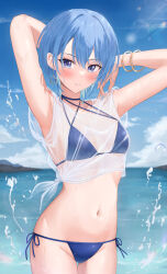 Rule 34 | 1girl, absurdres, alternate costume, alternate hairstyle, armpits, arms behind head, arms up, bikini, blue bikini, blue eyes, blue hair, blue sky, blush, breasts, cloud, cloudy sky, commentary request, cowboy shot, criss-cross halter, day, earrings, halterneck, highres, hololive, hoshimachi suisei, jewelry, looking at viewer, mountainous horizon, navel, ocean, outdoors, see-through, see-through shirt, shinigami kiraki, shirt, short hair, side-tie bikini bottom, sky, small breasts, solo, star (symbol), star earrings, star in eye, stomach, swimsuit, symbol in eye, thighs, tied shirt