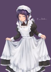 Rule 34 | 1girl, apron, blush, boku no hero academia, breasts, dress, highres, holding, holding clothes, holding dress, jirou kyouka, long dress, long sleeves, looking at viewer, maid, maid apron, maid day, maid headdress, purple background, purple eyes, purple hair, short hair, simple background, small breasts, solo, starch, twitter username, victorian maid
