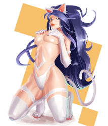 Rule 34 | 1girl, :p, @ @, animal ears, animal hands, big hair, blue eyes, blue hair, breast suppress, breasts, capcom, cat ears, cat girl, cat tail, covering breasts, covering privates, fang, felicia (vampire), female focus, full body, kukkii, large breasts, long hair, matching hair/eyes, ringed eyes, solo, squatting, tail, thighhighs, tongue, tongue out, vampire (game), very long hair
