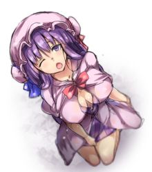 Rule 34 | 1girl, :o, blue bow, blurry, bow, breasts, capelet, cleavage, depth of field, from above, full body, hair bow, hat, kneeling, large breasts, long hair, looking at viewer, mob cap, one eye closed, ototobe, patchouli knowledge, purple eyes, purple hair, red bow, simple background, sketch, solo, touhou