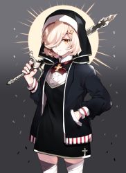 Rule 34 | 1girl, black dress, black jacket, blonde hair, cross, dress, grey background, hair ornament, hair over one eye, hand in pocket, holding, holding sword, holding weapon, jacket, leg wrap, long sleeves, looking at viewer, nail polish, original, over shoulder, red nails, ririkuto, short hair, simple background, solo, standing, sword, weapon, yellow eyes