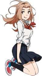 Rule 34 | 10s, 1girl, black skirt, black socks, bow, bowtie, brown hair, digimon, digimon adventure tri., full body, hairband, kneehighs, light brown hair, long hair, long sleeves, lowres, official art, orange eyes, red bow, red bowtie, red footwear, school uniform, shirt, shoes, skirt, sleeves rolled up, smile, sneakers, socks, solo, tachikawa mimi, tongue, tongue out, transparent background, uki atsuya, white shirt, yellow eyes
