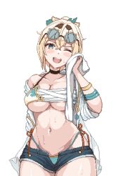 Rule 34 | 1girl, ;d, alternate breast size, bikini, black choker, blonde hair, blush, breasts, chest sarashi, choker, cleavage, curvy, eyewear on head, green eyes, hair between eyes, hair ornament, hair ribbon, hololive, kazama iroha, large breasts, multiple wristbands, navel, one eye closed, open clothes, open fly, open mouth, open shirt, pixel art, ponytail, ribbon, sarashi, shirt, short shorts, shorts, side-tie bikini bottom, simple background, smile, solo, sweat, sweatdrop, swimsuit, thick thighs, thighs, towel, virtual youtuber, white background, white shirt, wiping face, wristband, zou eita