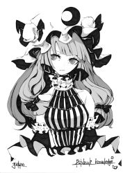 Rule 34 | 1girl, absurdres, artist name, bare shoulders, blunt bangs, bow, character name, closed mouth, collarbone, crescent, crescent hair ornament, detached sleeves, greyscale, hair bow, hair ornament, hat, highres, long hair, looking at viewer, mob cap, monochrome, patchouli knowledge, simple background, sleeveless, solo, striped, touhou, white background, yutapon