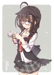 Rule 34 | 1girl, ahoge, bag, black hair, black jacket, blue eyes, blush, braid, camera, closed mouth, collarbone, commentary request, dated, fujisaki yuu, grey background, grey skirt, hair between eyes, hair flaps, hair over shoulder, holding, holding camera, jacket, kantai collection, long hair, long sleeves, looking at viewer, necktie, official alternate costume, one-hour drawing challenge, open clothes, open jacket, plaid, plaid skirt, pleated skirt, red-framed eyewear, red necktie, sailor collar, semi-rimless eyewear, shigure (kancolle), shigure kai ni (kancolle), shirt, short necktie, skirt, sleeveless, sleeveless jacket, smile, solo, twitter username, two-tone background, under-rim eyewear, white background, white sailor collar, white shirt