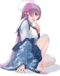 Rule 34 | 1girl, barefoot, blue archive, blue skirt, breasts, eyeshadow, fang, from side, halo, highres, hoshi umi, large breasts, long hair, long sleeves, makeup, neckerchief, open mouth, pleated skirt, purple eyes, purple hair, purple halo, red eyeshadow, red neckerchief, short eyebrows, simple background, skin fang, skirt, smile, solo, white background, yukari (blue archive)