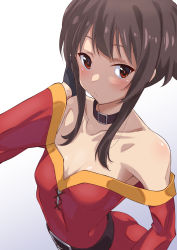 Rule 34 | 1girl, absurdres, armpits, ass, bare shoulders, belt, black gloves, blush, breasts, brown belt, brown choker, brown hair, choker, closed mouth, commentary, dress, gloves, highres, kono subarashii sekai ni shukufuku wo!, long sleeves, looking at viewer, megumin, off-shoulder dress, off shoulder, red dress, red eyes, short hair, short hair with long locks, shou937, sidelocks, simple background, small breasts, solo, standing, upper body, white background