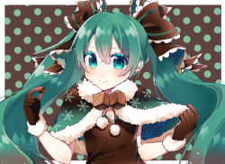 Rule 34 | 1girl, bad id, bad pixiv id, blue eyes, blush, bow, breasts, brown bow, brown dress, brown gloves, capelet, chocolate, cleavage, closed mouth, colored eyelashes, dress, food, fur trim, gloves, hair between eyes, hair bow, hatsune miku, holding, holding food, long hair, looking at viewer, okada-san, polka dot, pom pom (clothes), small breasts, snowflake print, solo, twintails, upper body, very long hair, vocaloid
