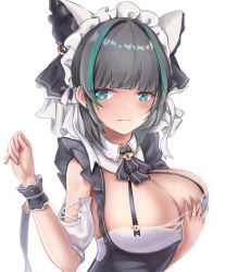 Rule 34 | 1girl, absurdres, apron, aqua eyes, aqua hair, azur lane, blush, breasts, cheshire (azur lane), detached collar, detached sleeves, dress, frilled hairband, frilled headband, frilled ribbon, frills, grabbing own breast, grey hair, hairband, hand on own chest, highres, large breasts, long ribbon, maid, maid headdress, multicolored hair, puffy detached sleeves, puffy sleeves, purple apron, ribbon, shuumatsu no uchuu, solo, streaked hair, upper body, wrist cuffs