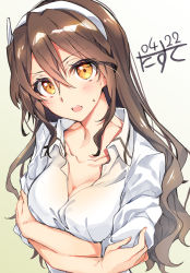 Rule 34 | 1girl, absurdres, artist name, ashigara (kancolle), blush, breast hold, breasts, brown eyes, brown hair, cleavage, collarbone, crossed arms, dated, fake horns, gradient background, hair between eyes, hairband, highres, horned headwear, horns, kantai collection, large breasts, long hair, narumiya (empty cafe), one-hour drawing challenge, open mouth, shirt, signature, solo, upper body, white hairband, white shirt