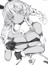 Rule 34 | 1girl, :i, absurdres, arm under breasts, bare shoulders, blush, bow, braid, breasts, cosplay, detached sleeves, don-chan (usada pekora), gloves, greyscale, hair between eyes, hair bow, highres, hololive, large breasts, long hair, looking at viewer, monochrome, nanashi (nlo), pointy ears, pout, puffy detached sleeves, puffy sleeves, shiranui flare, short sleeves, simple background, solo, sweatdrop, twin braids, undersized clothes, usada pekora, usada pekora (1st costume), usada pekora (cosplay), virtual youtuber