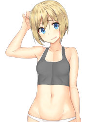 Rule 34 | 1girl, b-ginga, bare shoulders, blonde hair, blue eyes, blush, erica hartmann, frown, groin, looking at viewer, navel, open mouth, panties, short hair, solo, strike witches, tank top, underwear, white panties, world witches series
