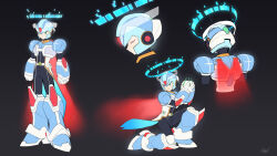 Rule 34 | 1boy, absurdres, adapted costume, arm cannon, armor, buzzsaw (6631455), commentary request, cyber elf x (mega man), dark background, energy cape, forehead jewel, green eyes, halo, helmet, highres, holographic clothing, mega man (series), mega man x: command mission, mega man x (series), mega man zero (series), multiple views, new armor x (mega man), signature, weapon, x (mega man)