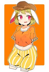 Rule 34 | 1girl, :d, animal ears, blonde hair, border, brown hat, cabbie hat, cropped legs, floppy ears, hat, highres, ini (inunabe00), looking at viewer, navel, open mouth, orange background, orange shirt, rabbit ears, red eyes, ringo (touhou), shirt, short hair, shorts, simple background, smile, solo, touhou, white border, yellow shorts