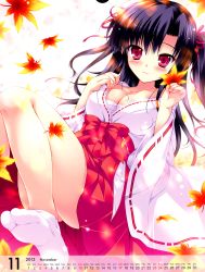 Rule 34 | 10s, 1girl, 2013, absurdres, autumn, autumn leaves, black hair, blue hair, blush, bow, breasts, calendar, cleavage, copyright request, feet, hair ribbon, highres, japanese clothes, large breasts, leaf, legs, looking at viewer, maple leaf, mikeou, miko, no panties, non-web source, red eyes, ribbon, ribbon-trimmed sleeves, ribbon trim, sarashi, smile, solo, tabi, two side up