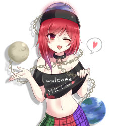 Rule 34 | 1girl, ;p, absurdres, bare shoulders, black choker, black shirt, blush, breasts, chain, choker, cleavage, clothes lift, clothes writing, collarbone, commentary request, crop top, drop shadow, earth (ornament), gradient hair, green skirt, hands up, heart, hecatia lapislazuli, highres, lifted by self, long hair, looking at viewer, midriff, moon (ornament), multicolored clothes, multicolored hair, multicolored skirt, navel, off-shoulder shirt, off shoulder, one-hour drawing challenge, one eye closed, plaid, plaid skirt, purple hair, purple skirt, red eyes, red hair, red skirt, shirt, shirt lift, short sleeves, simple background, skirt, small breasts, smile, solo, spoken heart, stomach, subaru (subachoco), t-shirt, tongue, tongue out, touhou, upper body, white background
