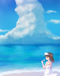 Rule 34 | 10s, beach, brown eyes, brown hair, cloud, day, dress, food, highres, kantai collection, nuno (pppompon), ocean, outdoors, popsicle, ryuujou (kancolle), sandals, solo, sundress, twintails, visor cap, white dress
