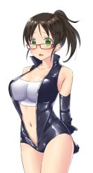 Rule 34 | 1girl, aimobake, arms behind back, bandeau, bare shoulders, black gloves, black hair, breasts, cleavage, collarbone, commentary request, cowboy shot, crop top, elbow gloves, full-length zipper, glasses, gloves, green eyes, harada miyo, highres, idolmaster, idolmaster cinderella girls, large breasts, latex, latex gloves, long hair, looking at viewer, looking over eyewear, navel, open mouth, parted bangs, ponytail, red-framed eyewear, sidelocks, simple background, sleeveless, solo, standing, stomach, thighs, unzipped, white background, zipper
