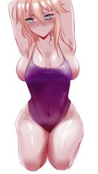 Rule 34 | 1girl, absurdres, arms behind head, artoria pendragon (fate), artoria pendragon (lancer) (fate), blonde hair, blue eyes, blush, breasts, competition swimsuit, embarrassed, fate/grand order, fate (series), frown, highres, large breasts, one-piece swimsuit, sidelocks, swimsuit, thighs, zaki (zaki btw)