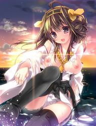 Rule 34 | 10s, 1girl, :d, ahoge, bare shoulders, black eyes, black thighhighs, blush, boots, breasts, brown hair, detached sleeves, double bun, female focus, hair bun, hair ornament, hairband, headgear, japanese clothes, kadokawa games, kantai collection, kino (kino konomi), kino konomi, kongou (kancolle), large breasts, long hair, looking at viewer, miniskirt, nipples, nontraditional miko, open mouth, panties, pantyshot, personification, sitting, skirt, smile, solo, sun, sunlight, sunset, thigh boots, thighhighs, torn clothes, underwear, water, wet, white panties, wide sleeves