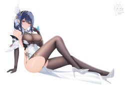 Rule 34 | 1girl, absurdres, arm support, azur lane, black hair, black pantyhose, blue flower, bodystocking, bodysuit, breasts, butter, chen hai (azur lane), chen hai (retrofit) (azur lane), cleavage, dress, elbow gloves, flower, flower ornament, food, full body, gloves, hair rings, hand up, high heels, highres, hip vent, large breasts, looking at viewer, nanqizizhou, pantyhose, pelvic curtain, see-through bodysuit, sitting, taut bodysuit, taut clothes, taut dress, tight clothes, tight dress, white background